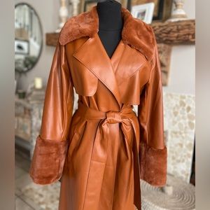 Forever 21 Faux Leather Trench Coat Fur Trim - Burnt Orange